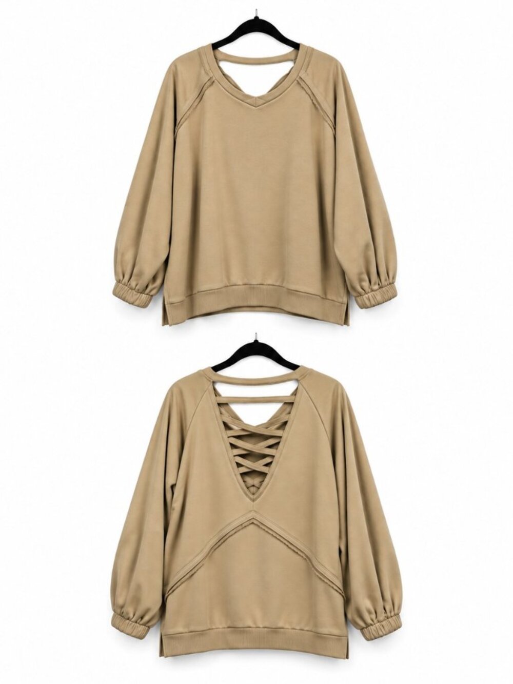 POL TKT622 Criss Cross Open Back French Terry Sweatshirt Tan L